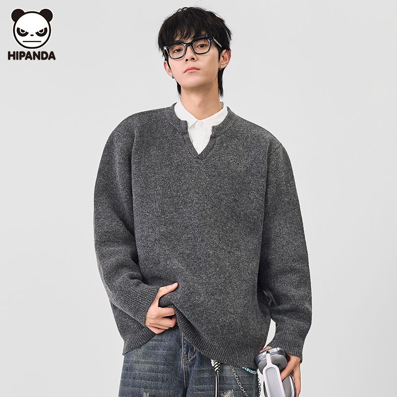 Hi Panda长袖毛衣男装休闲慵懒秋冬季设计宽松复古百搭针织衫外套