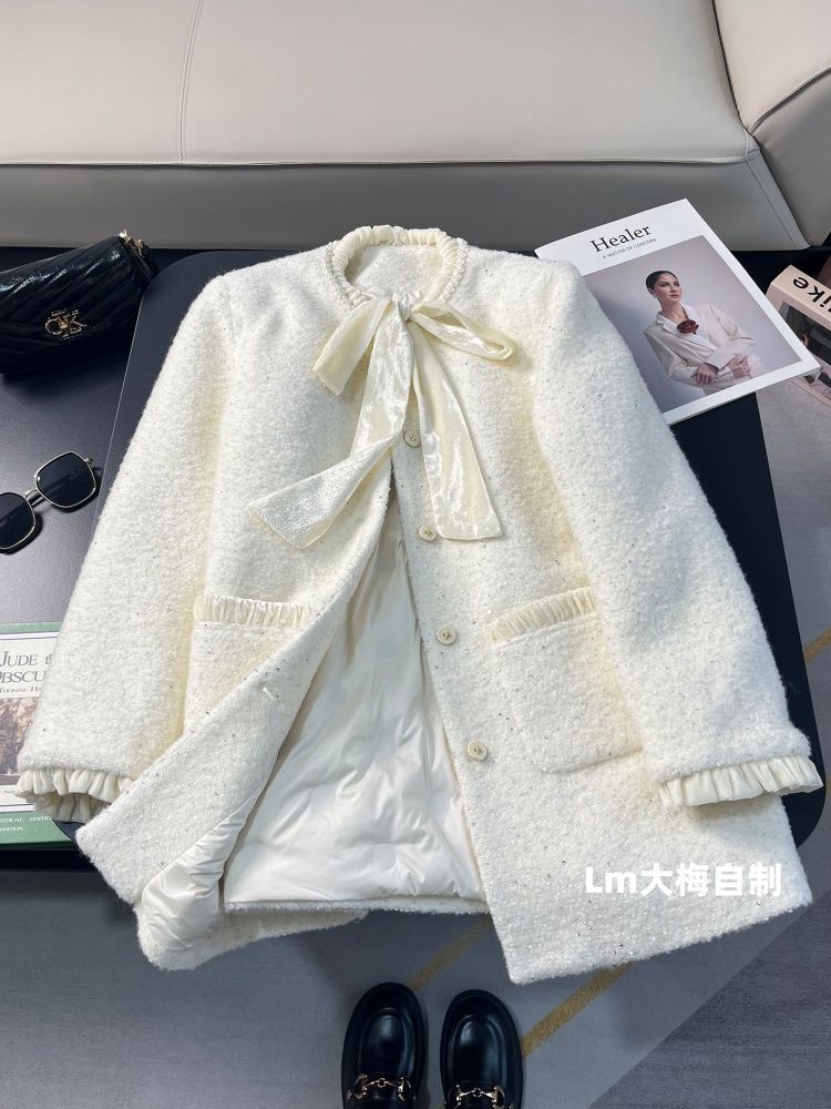 小香风外套女2025冬季新款高端法式设计感丝绒拼接中长款羽绒上衣