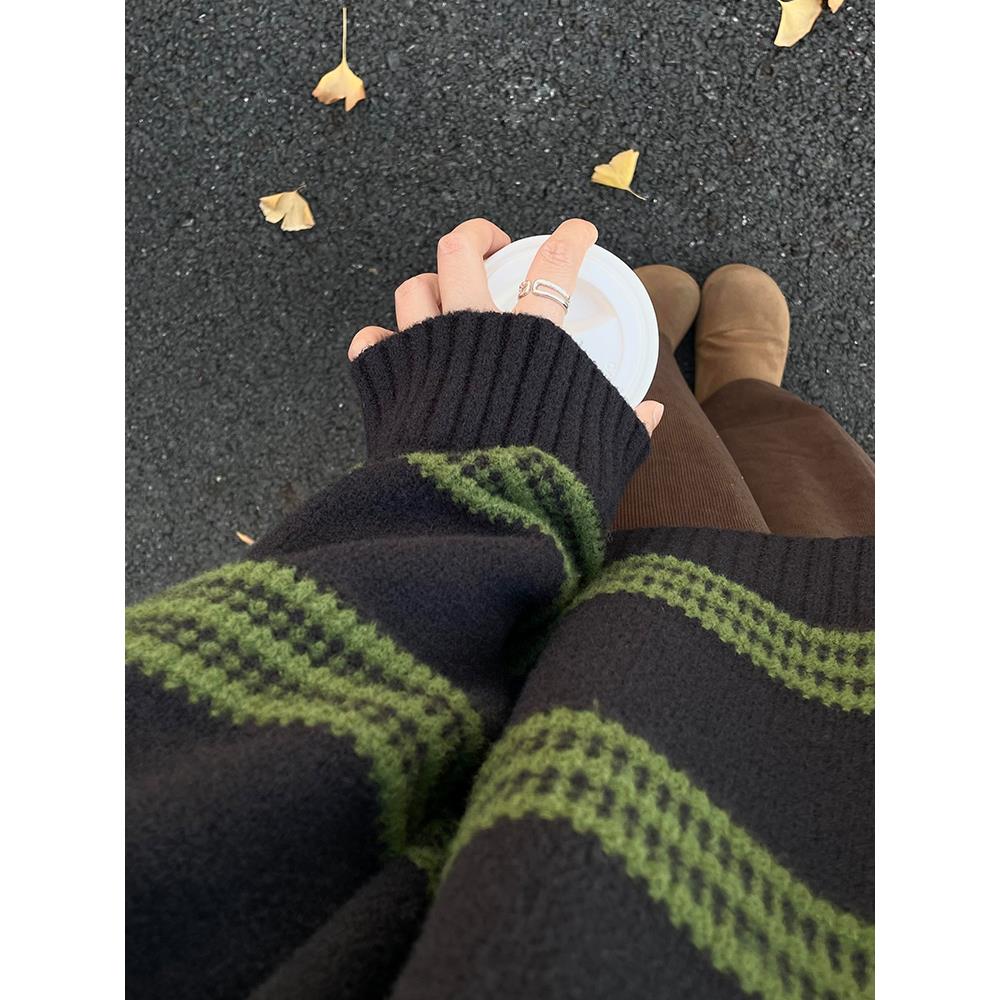 日系复古撞色毛衣女秋冬季2025新款慵懒风绿色条纹内搭打底针织衫