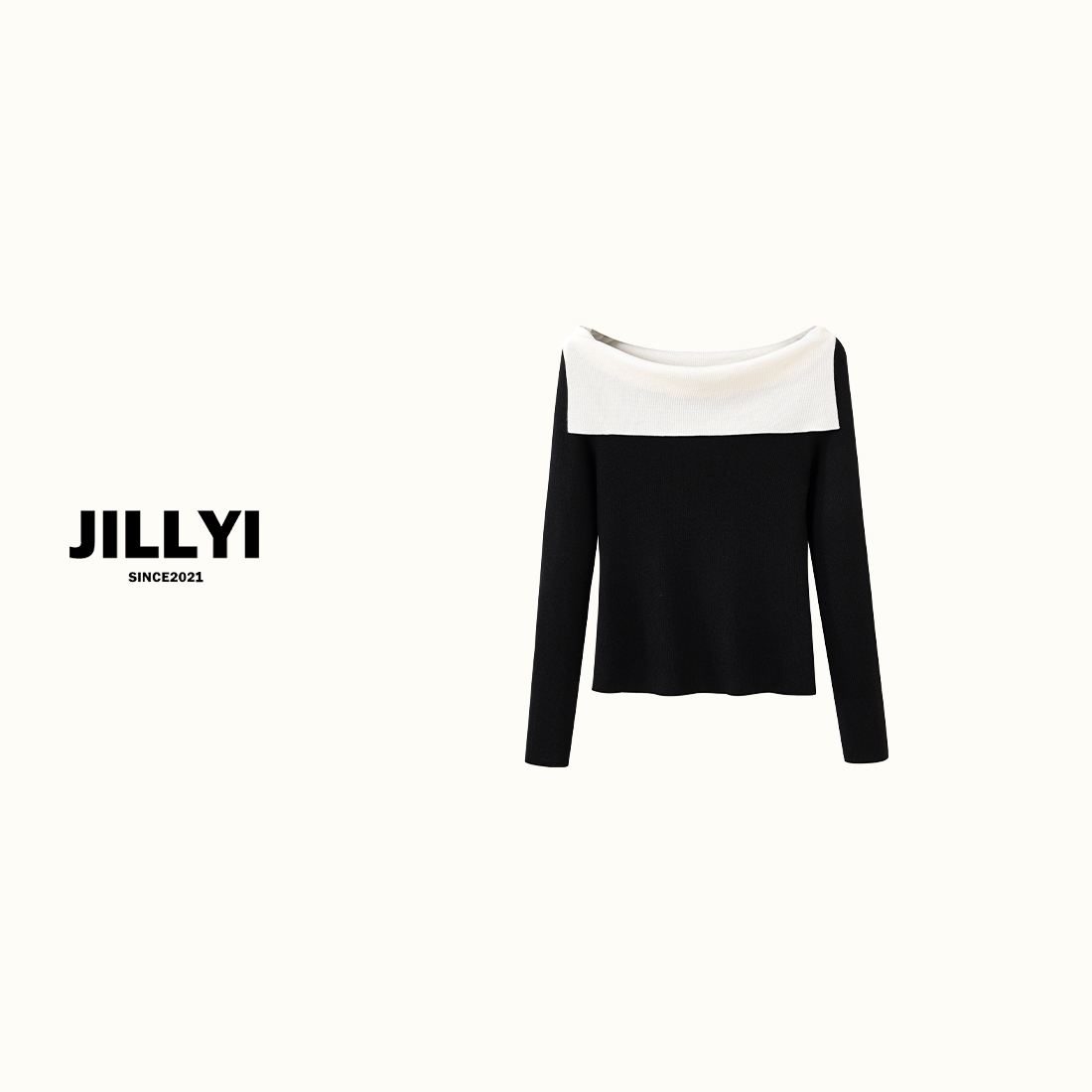 JILLYI南山店【黑白甜心】黑色一字领白色披肩针织衫秋季韩版时尚