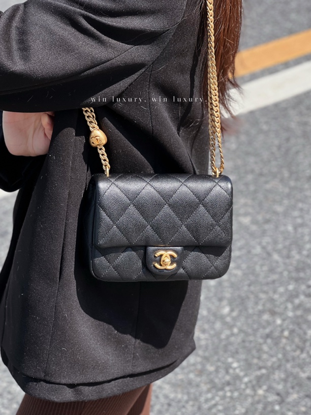 99新 Chanel/香奈儿 香奈儿爱心黑金方胖子荔枝皮斜挎包 芯片款