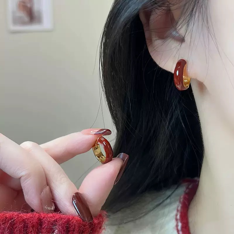 铜合金耳饰 圣诞红金撞色耳扣气质时尚百搭复古法式小众ins港风