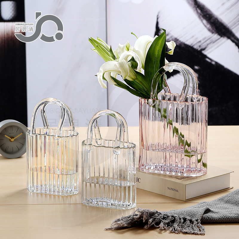 轻奢简约竖条包包玻璃花瓶手提篮客厅干花插花餐桌水培装饰品养鱼