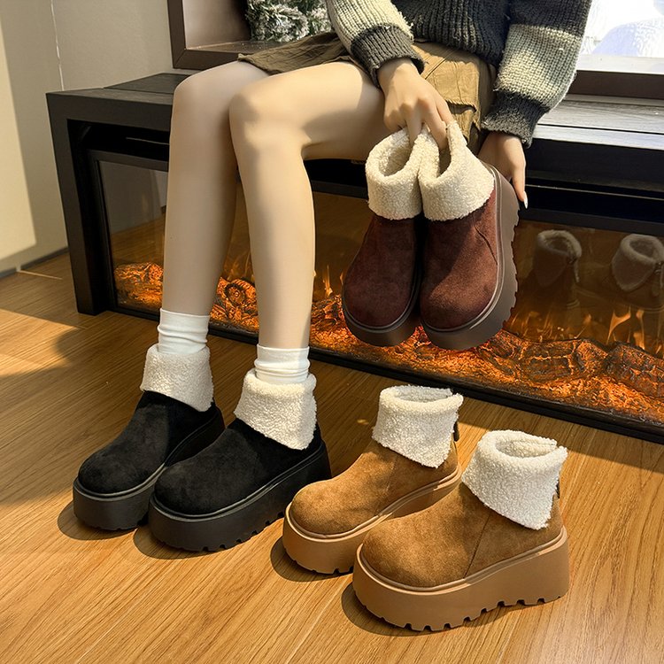 2025新款厚底增高雪地靴女款冬季加绒保暖毛毛短靴时尚丑萌大头靴