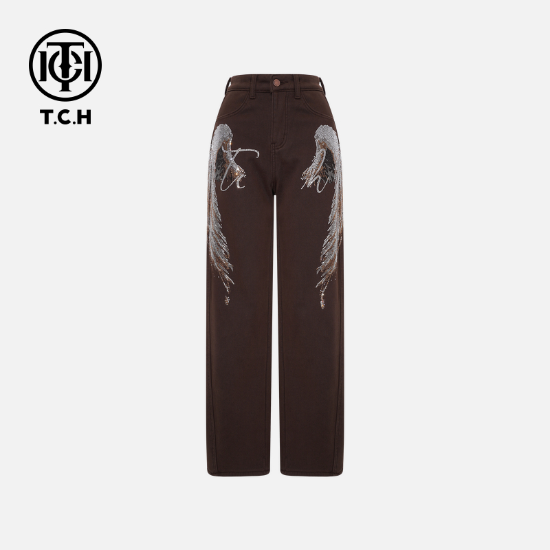 TCH【垂坠感】冬款新款加绒加厚时尚烫钻咖色牛仔裤T75D20E1055