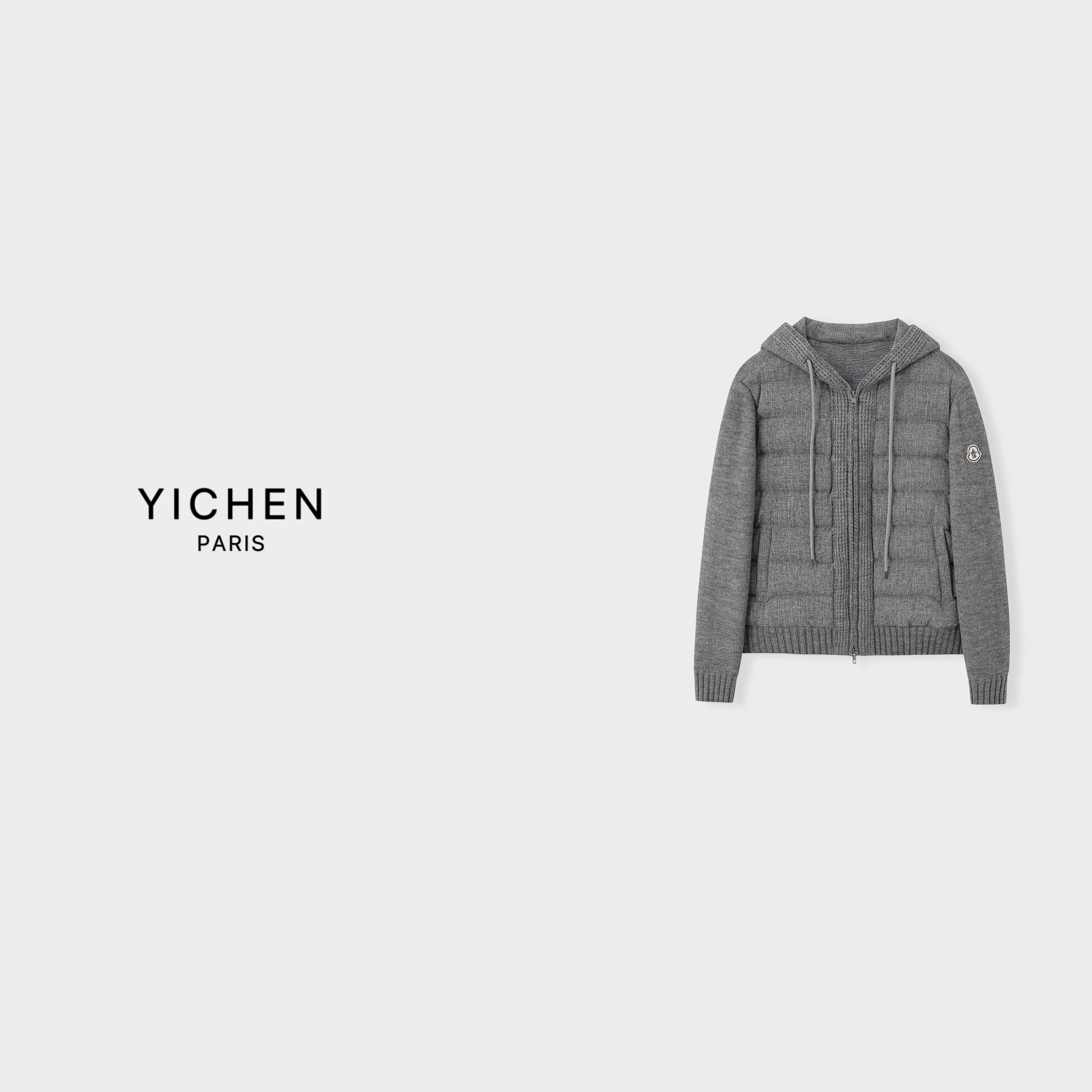YC 麻灰色针织拼接轻量感连帽徽标羽绒服-4112