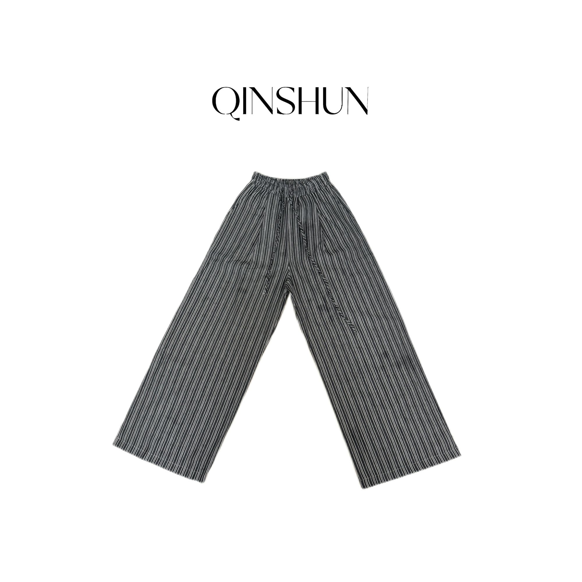【芊姐 QINSHUN】夏季松紧腰百搭条纹高腰宽松长裤
