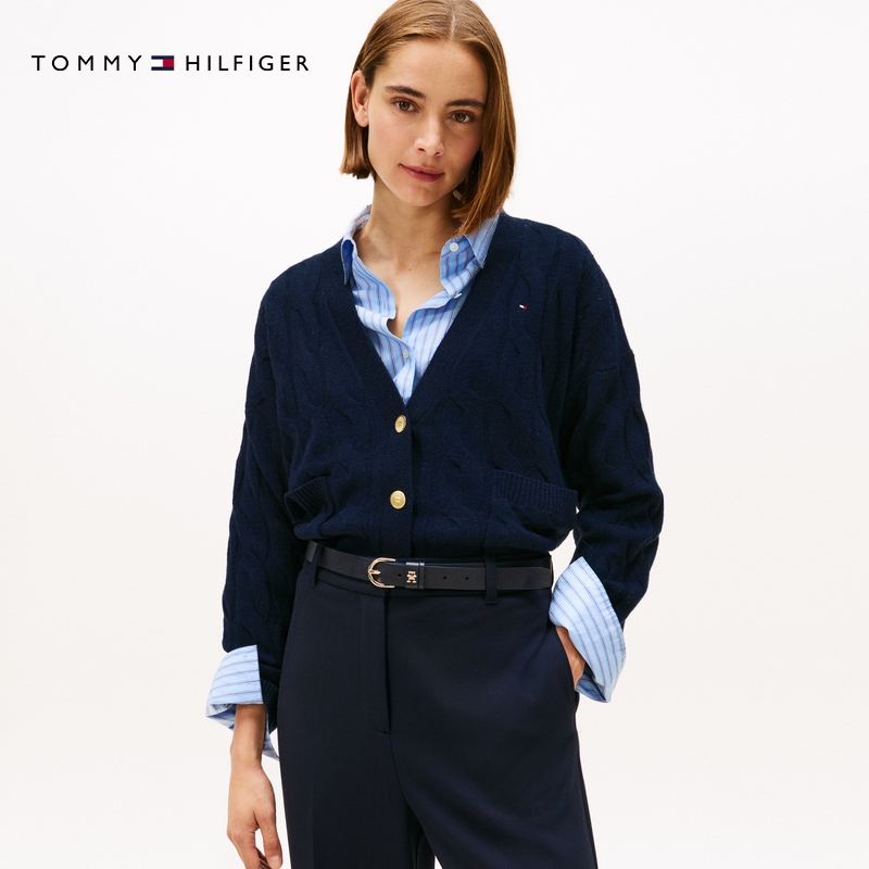 【金智秀同款】Tommy秋冬女绞花宽松V领羊毛衫针织开衫外套43089