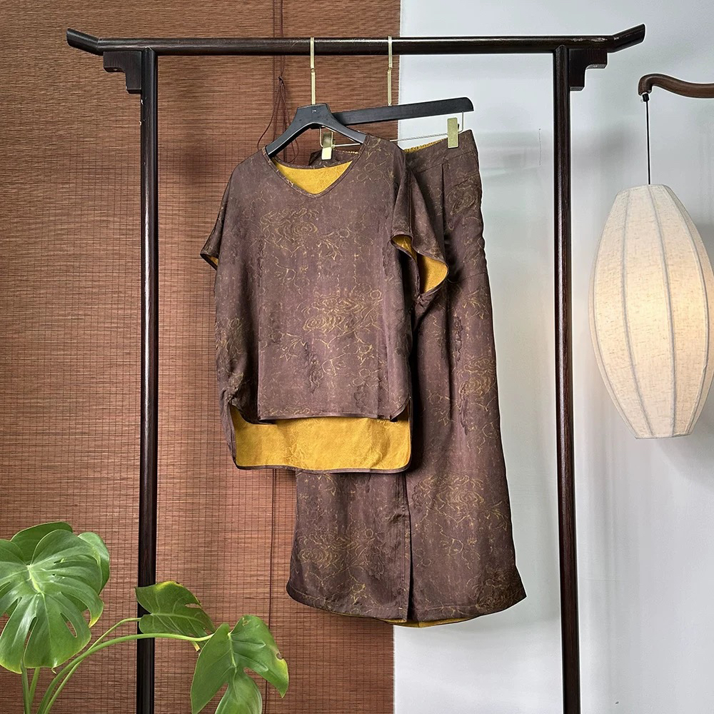 百分百桑蚕丝香云纱黄云纱上衣裤子双面双穿套装zh8807