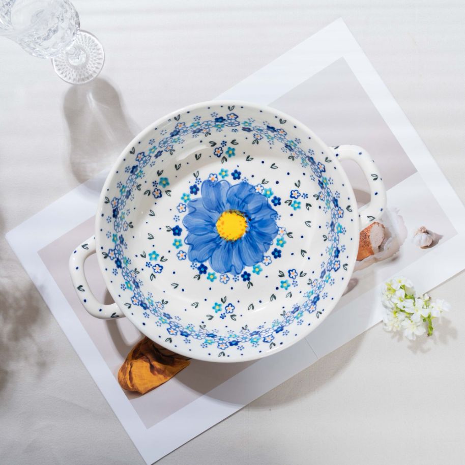 【勿忘我】釉下彩手绘12英寸双耳圆汤锅加厚防烫简约轻奢盛汤盆