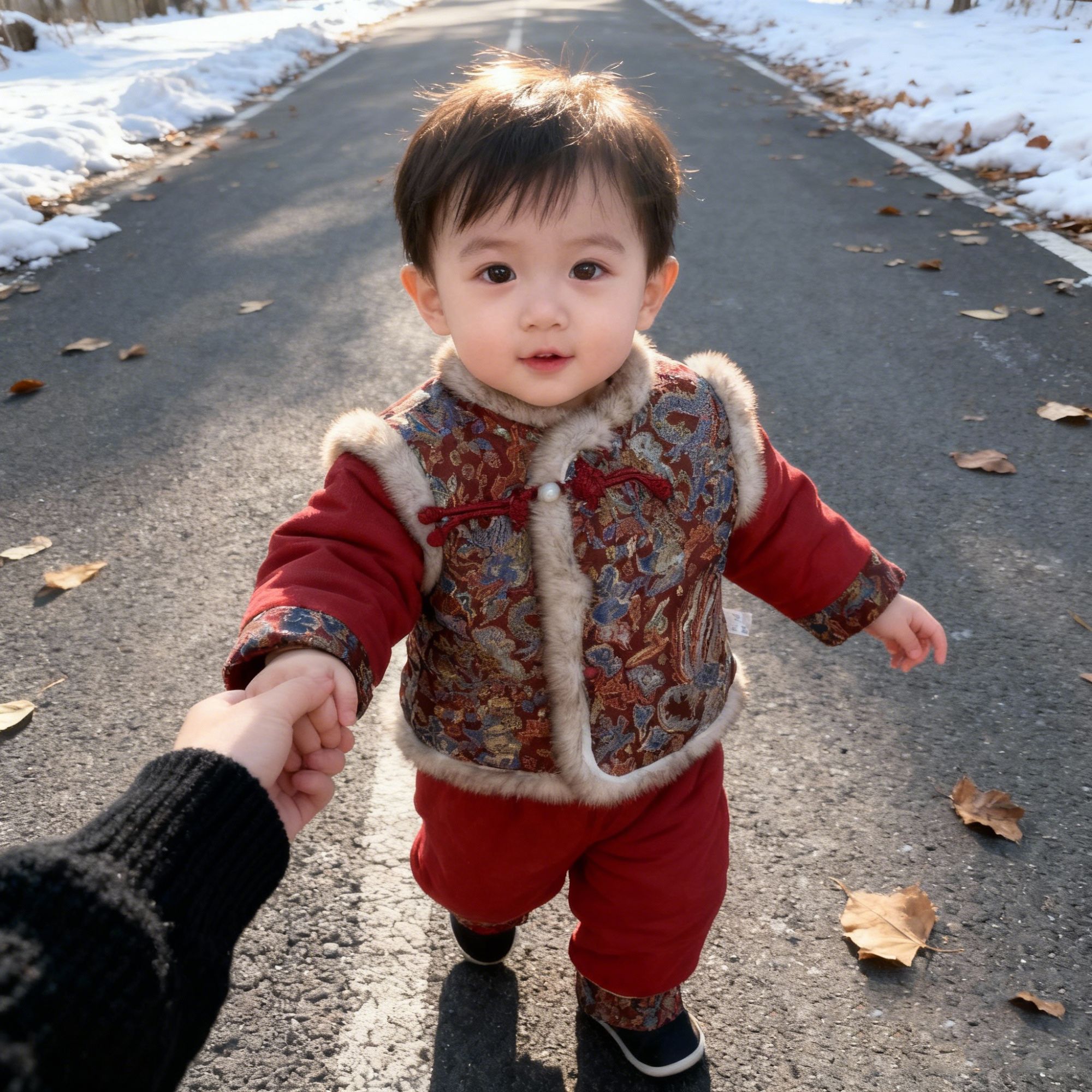 冬季新款中国风加厚款婴幼儿男宝宝新年套装大龙偏开束口裤套装