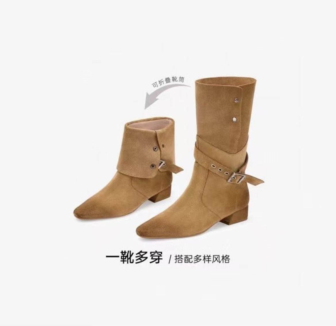女鞋牛仔假日25冬季新款堆堆靴美拉德西部牛仔靴子女短靴J55