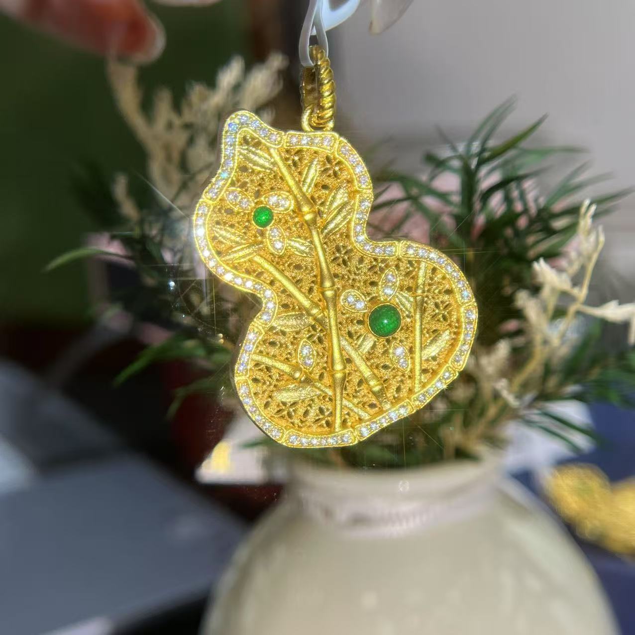 【麦绮珠宝】足金999古法镶嵌莫桑竹报平安花丝葫芦吊坠重工精致