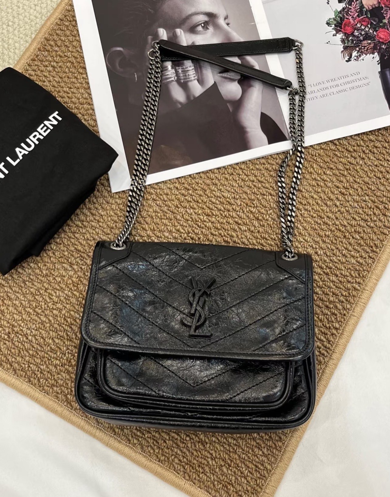 95新 YSL/圣罗兰 油蜡皮niki包 soblack  22cm  11920807