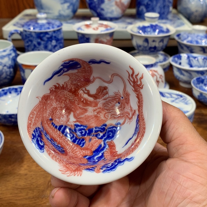 自成堂柴窑青花双龙杯