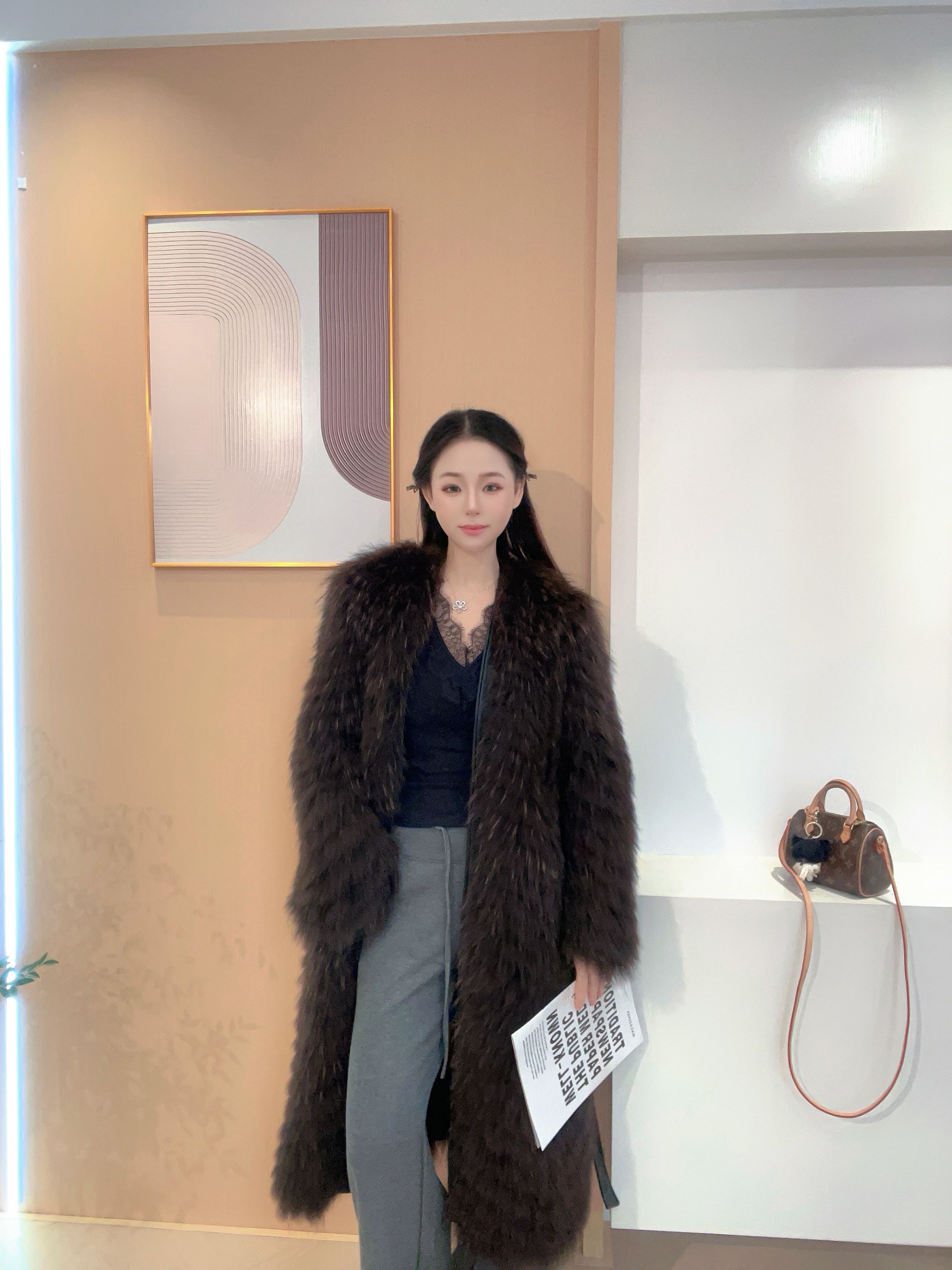 110长貉子毛车条海宁女皮草外套长款大衣