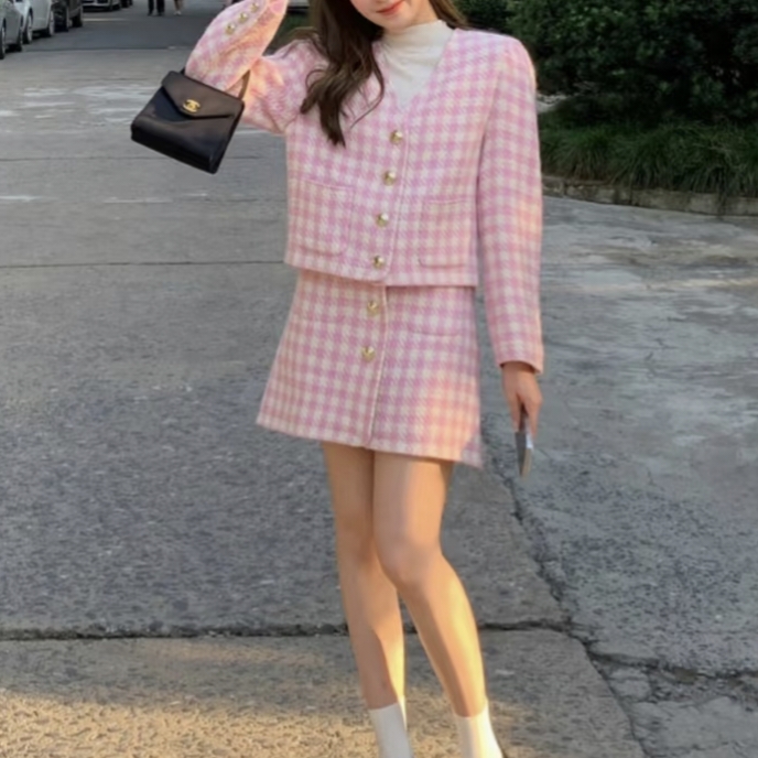 99新 MIU MIU/缪缪 Miu Miu 粉色千鸟格外套 36 18647913