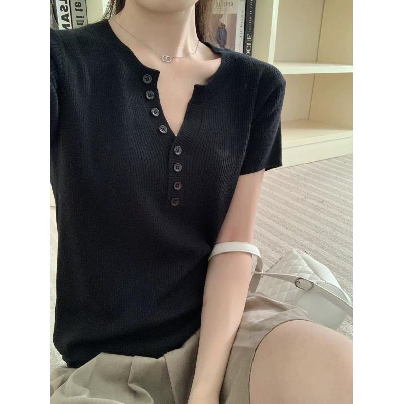 【抽条8粒扣】小飞袖夏季小个子抽条针织短袖T恤女新款