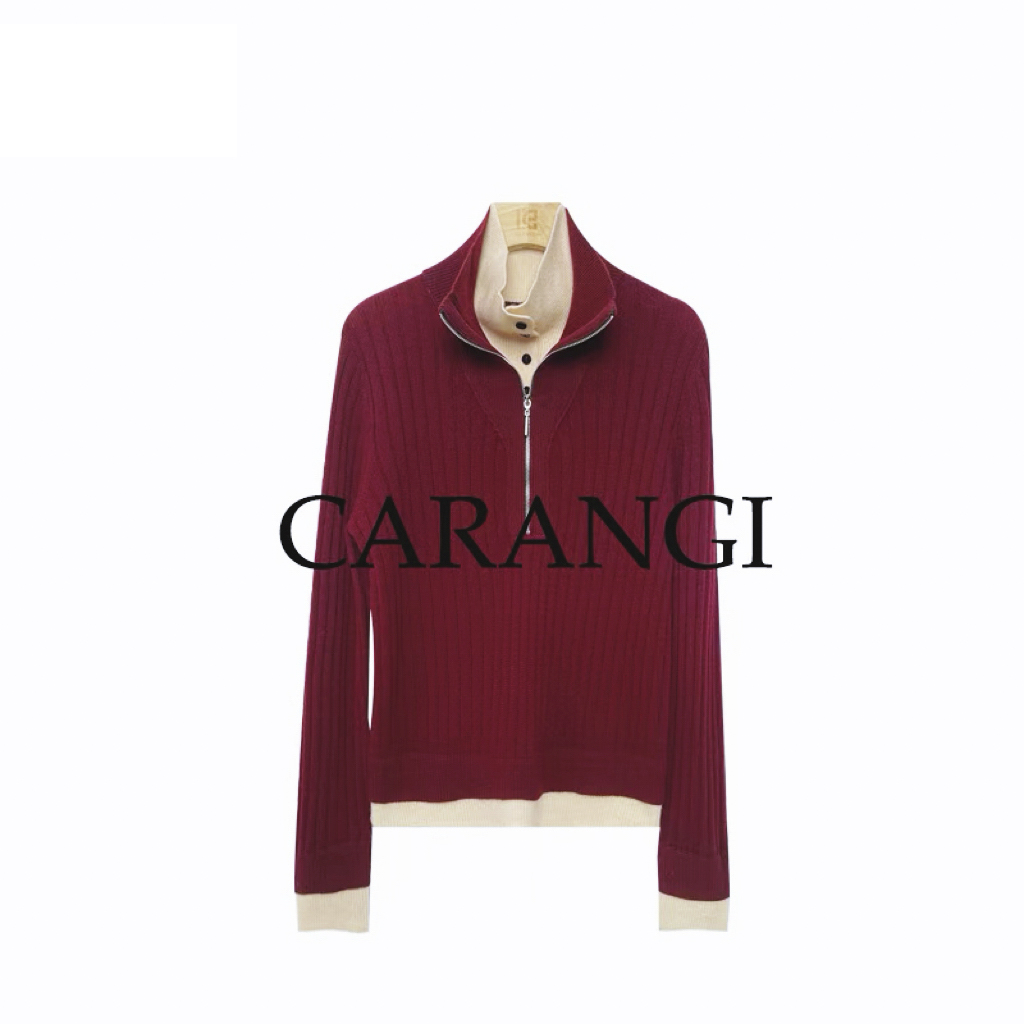 CARANGI品牌-加厚假两件 纯羊毛条纹提花半拉链女针织衫IG25030