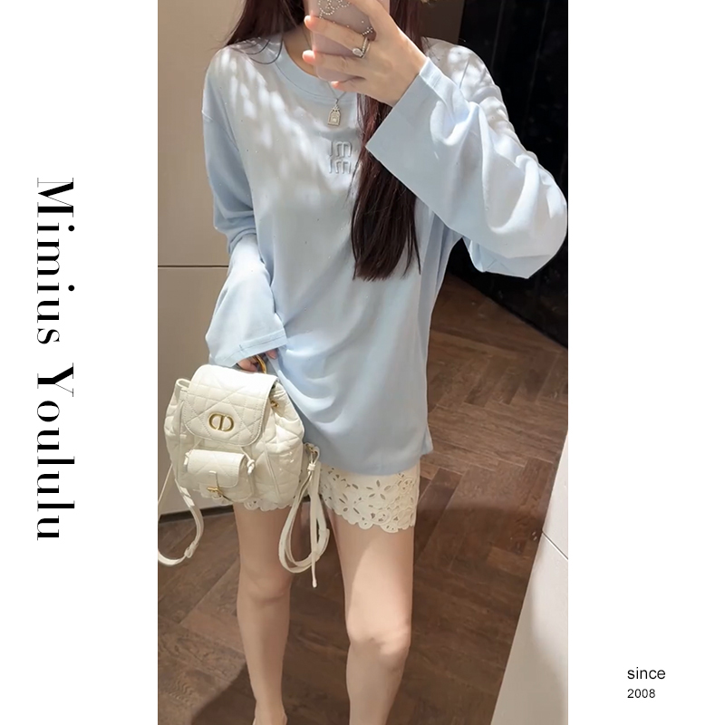 【mimius】七七 重工烫钻宽松休闲字母长袖T恤上衣 G05508