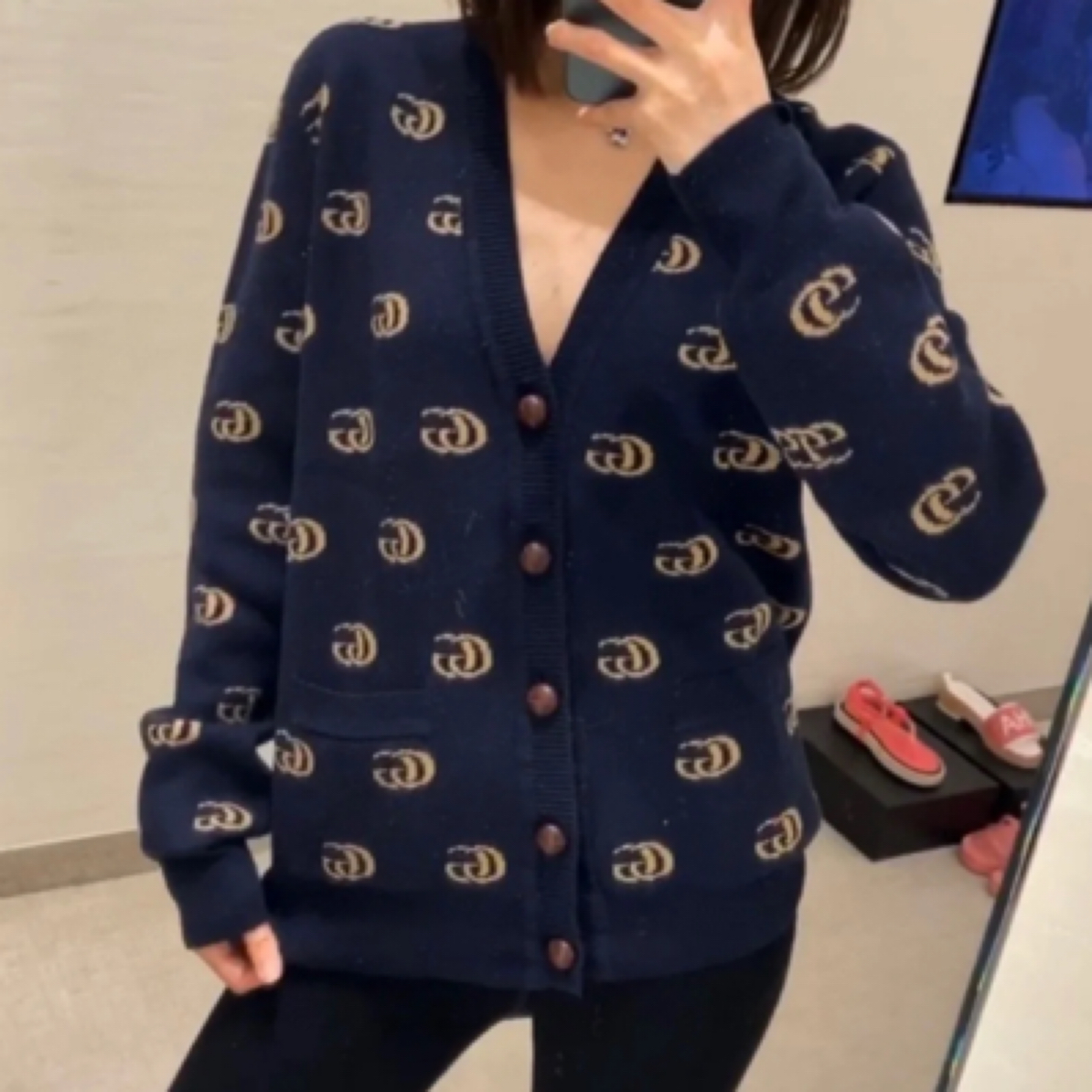 99新 GUCCI/古驰 双G蓝色满印开衫 M码 ys000310