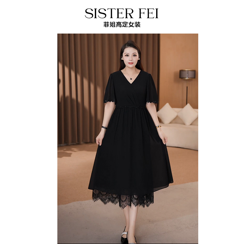 菲姐定制大码2025夏季新款黑色时尚大气显瘦假两件连衣裙ZB7174