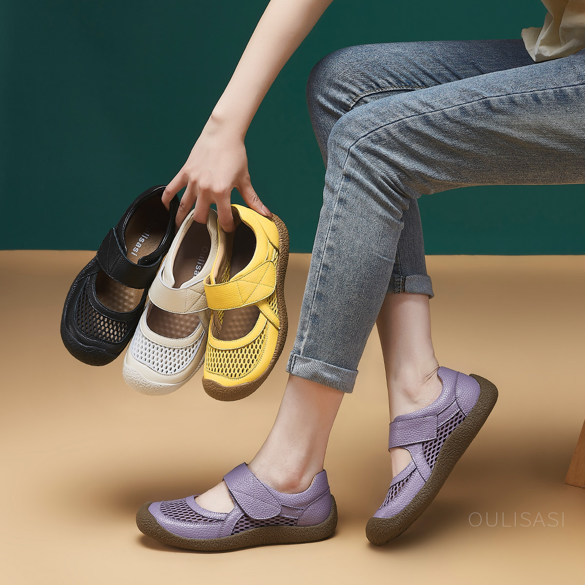 Oulisasi单鞋2025春季新款原创冰丝莱卡透气拼接牛皮软底软面好穿