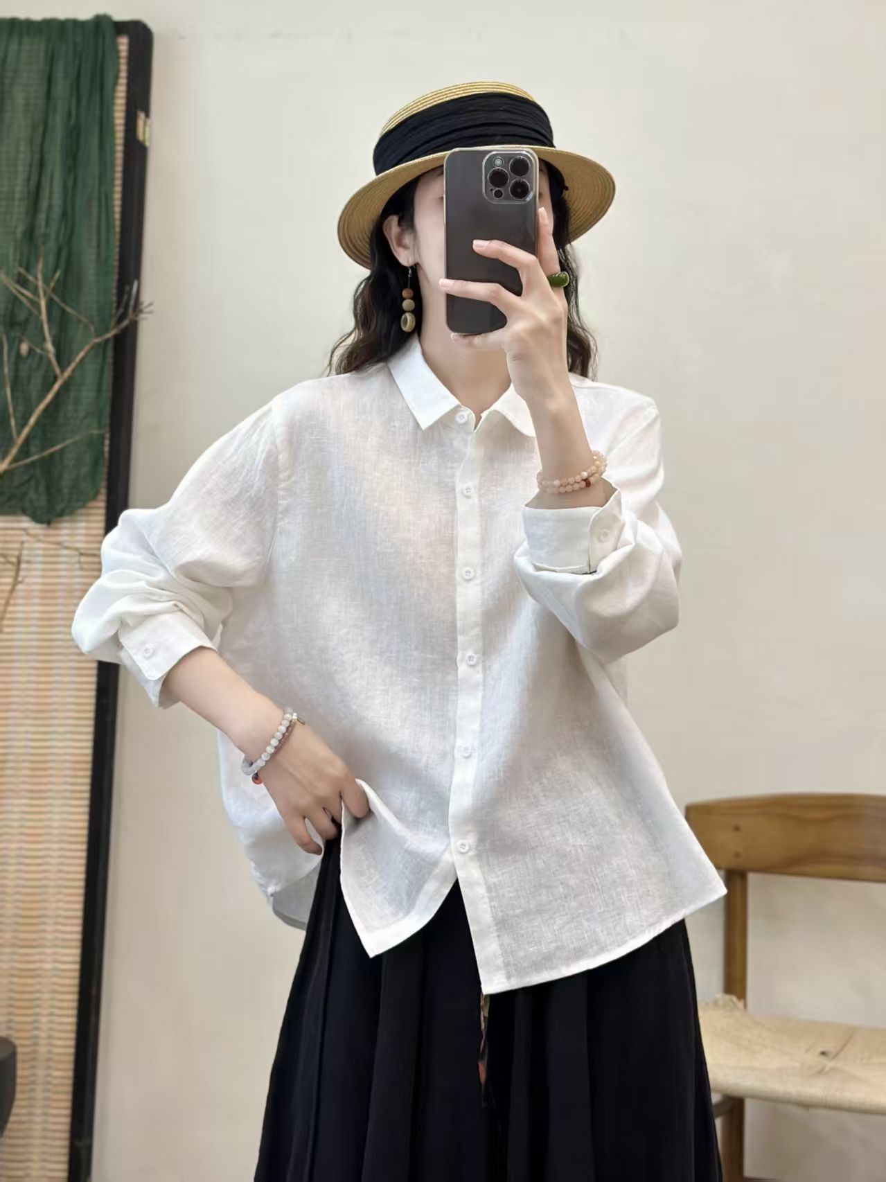 7760老钱风100%纯色亚麻长袖衬衫女秋季翻领小衫休闲百搭W