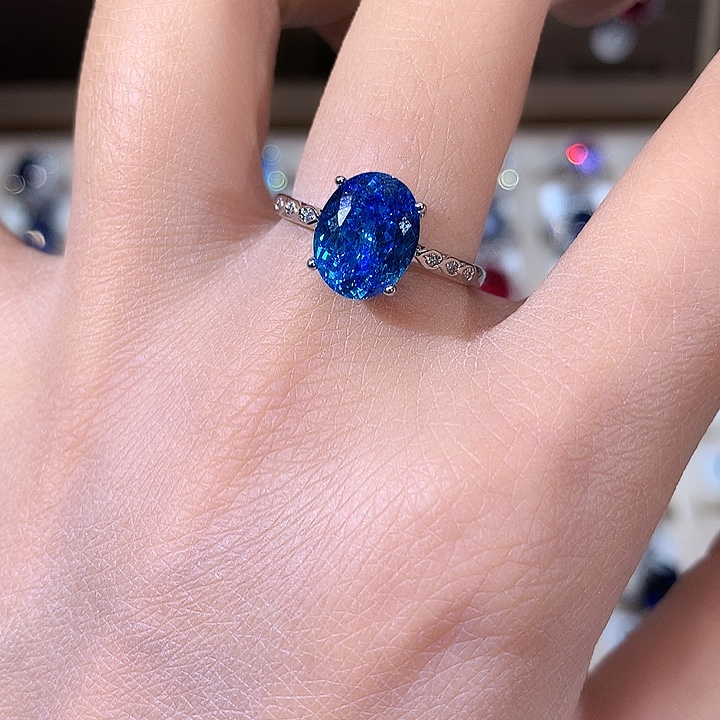 戒圈海蓝宝石银S925镶嵌白810