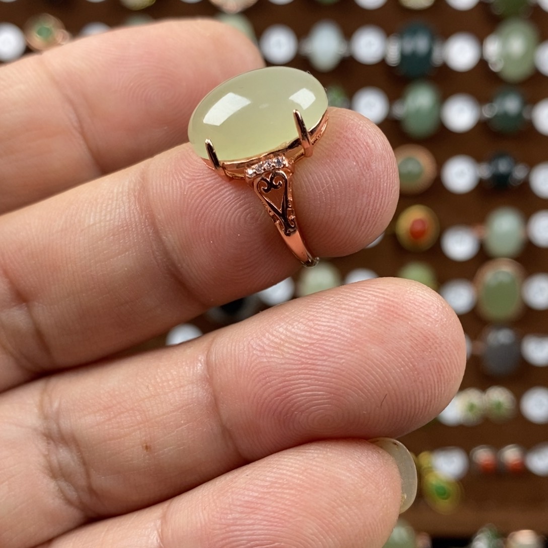 和田玉（青白玉）戒指银S925镀金镶嵌