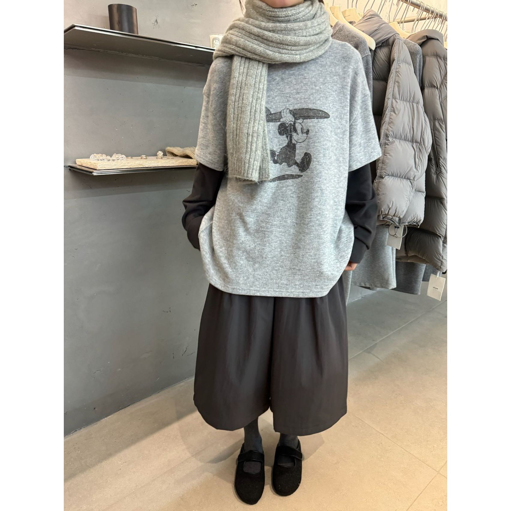 J-81798#{心动信号}韩系松弛感假两件加绒米奇T