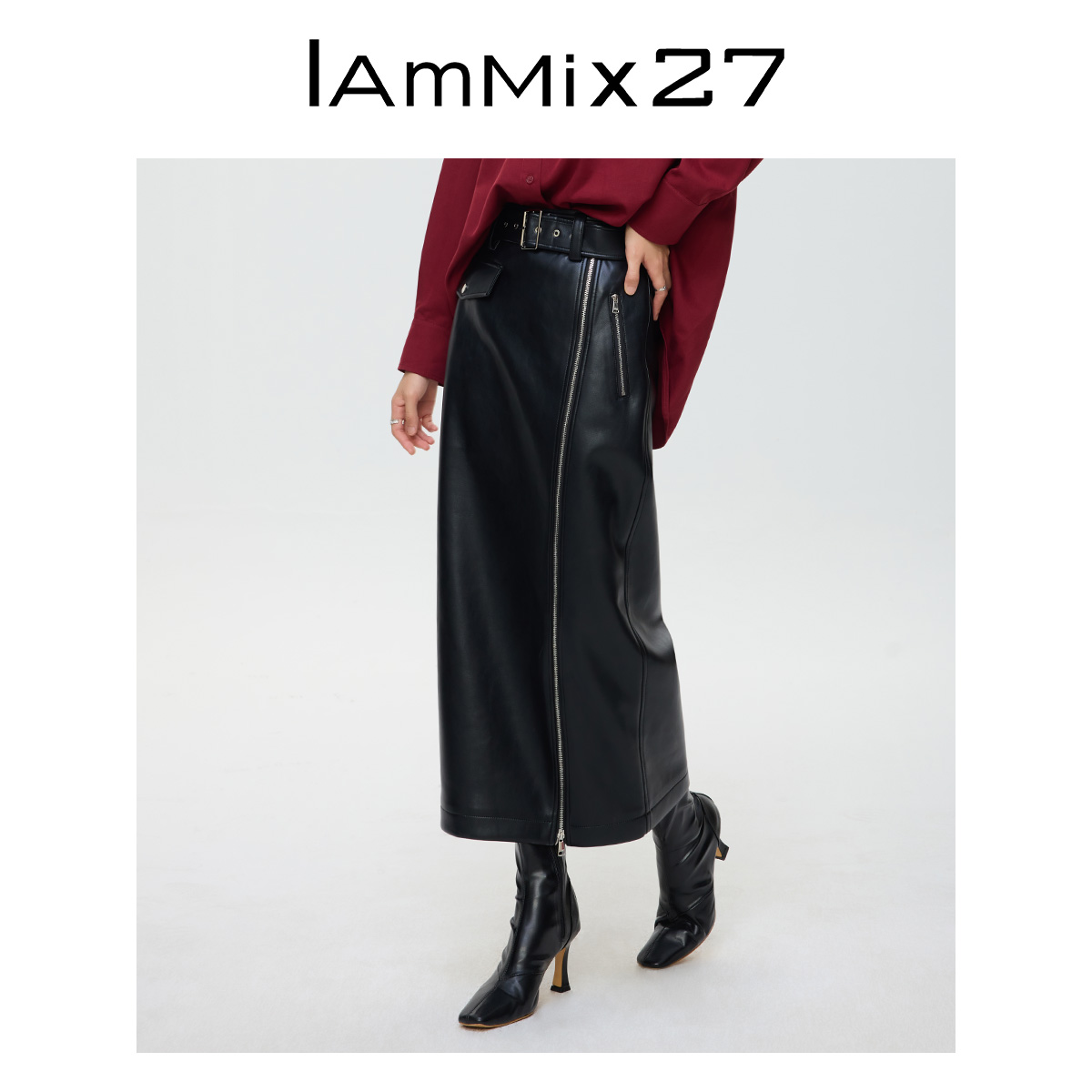 Iammix27高腰冬季半身裙显瘦中长皮裙M4D6081