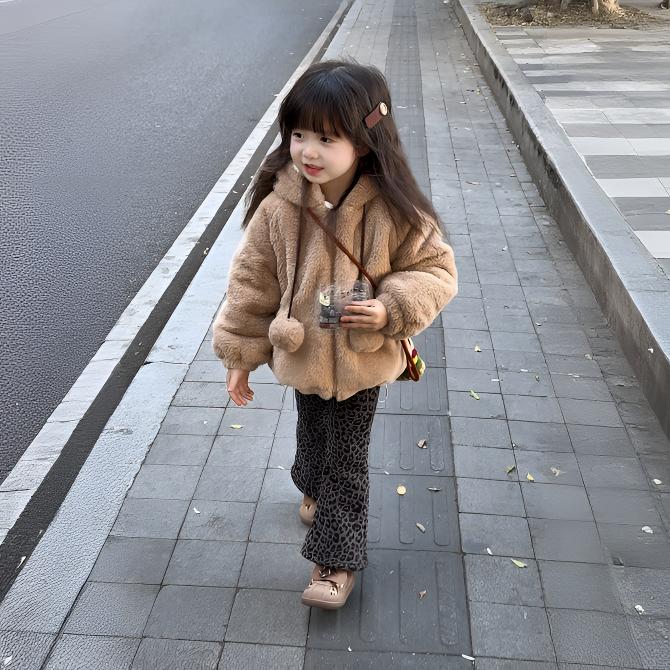 女童韩系仿皮草毛毛衣秋冬2025新款儿童宝宝洋气加绒保暖连冒外套