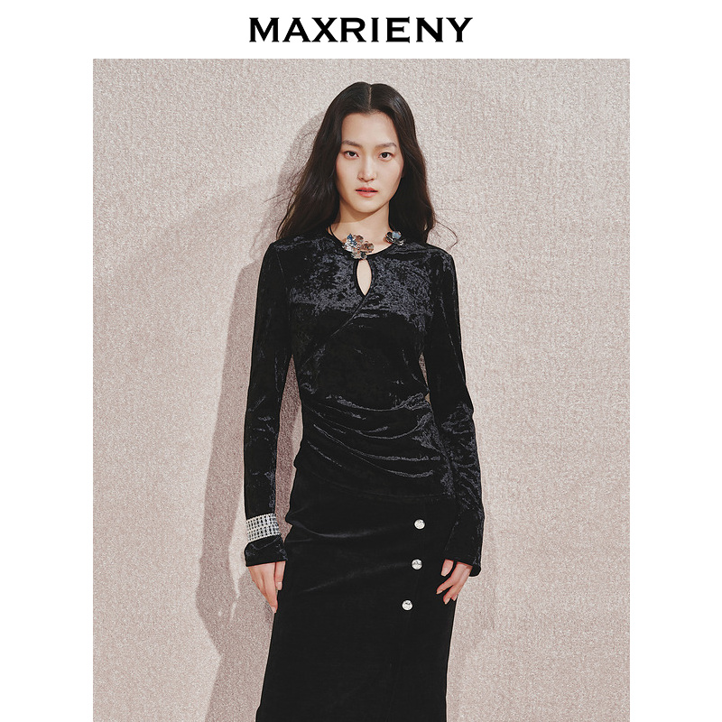 【陈大可专属】【商场同款】MAXRIENY金属钻扣黑丝绒上衣女秋