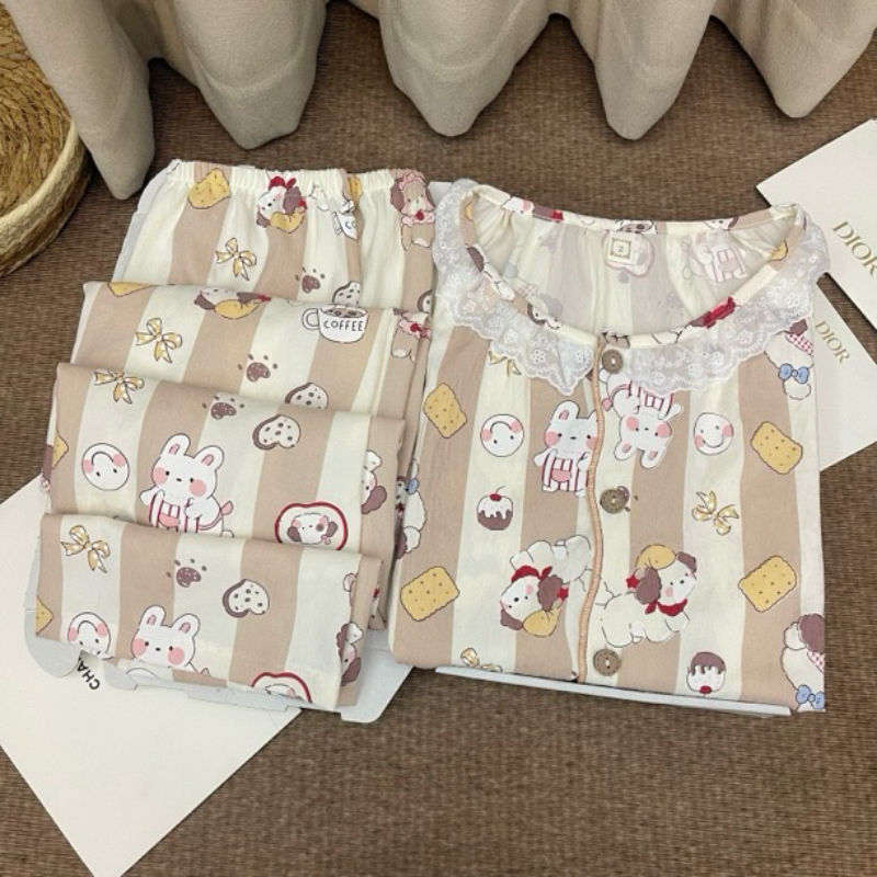 【四季款】甜美风卡其饼干睡衣女休闲开衫长袖宽松大码mm家居服套装