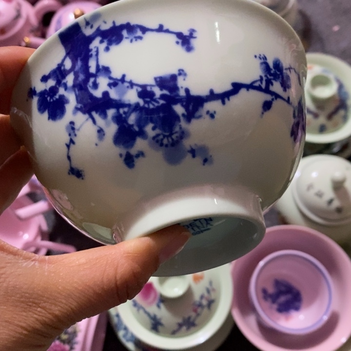 摆件陶5寸绿稀土青花梅花碗