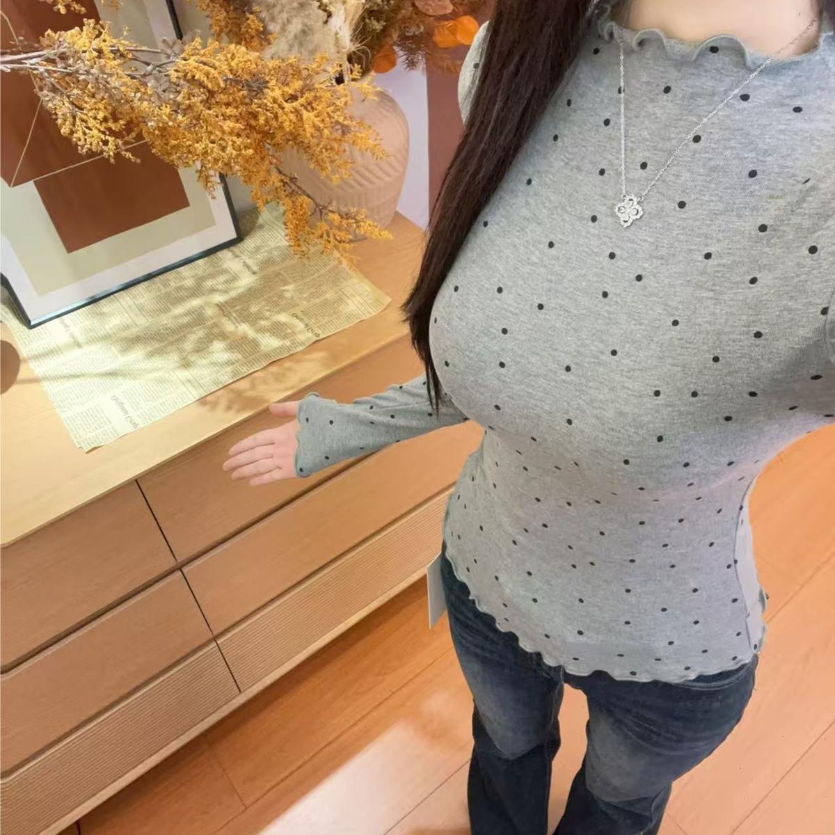 波点木耳边长袖半高领T恤女韩系秋冬季修身保暖内搭洋气打底衫潮