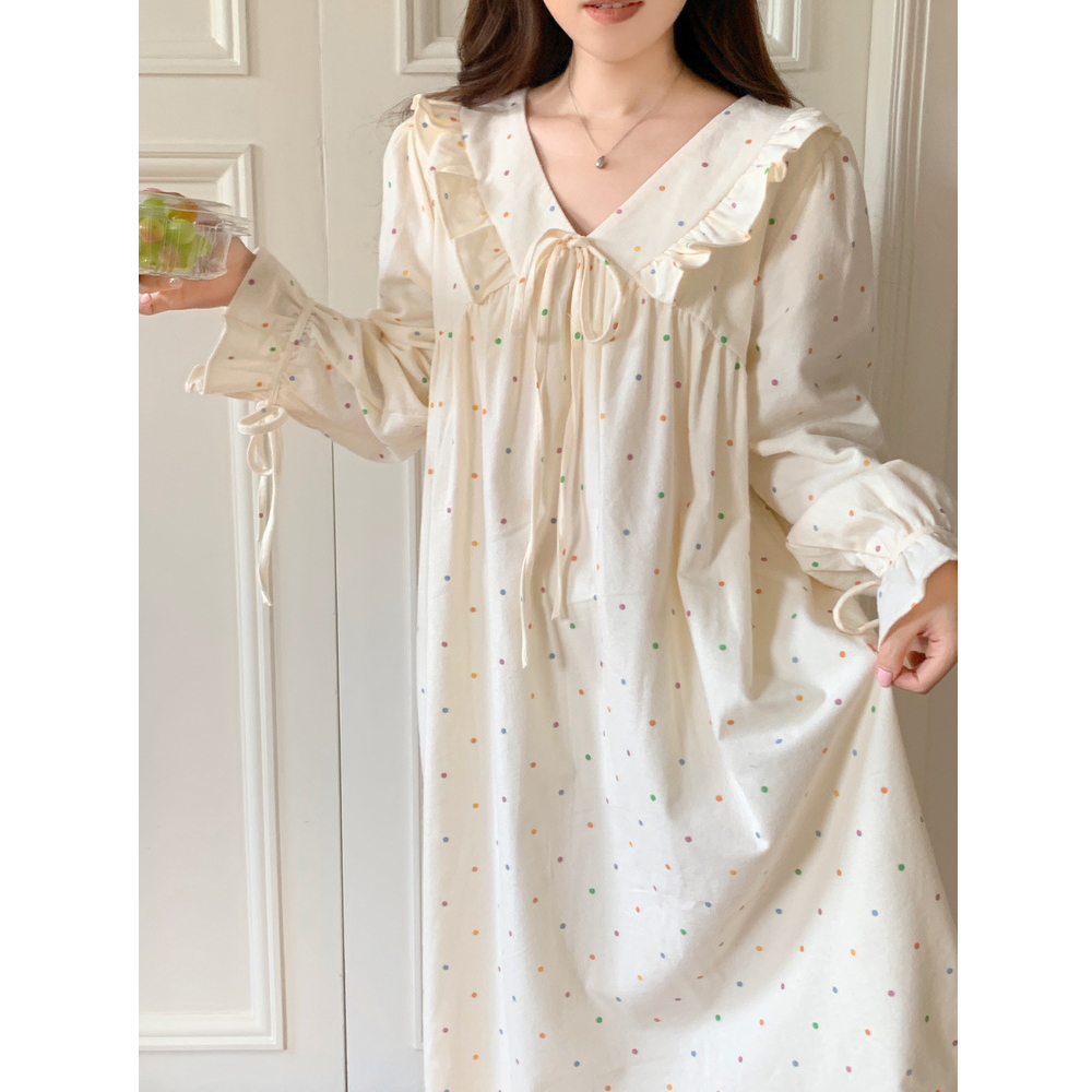 磨毛圆点系带长款纯棉睡裙女士春秋季宽松睡衣公主风可外穿家居服