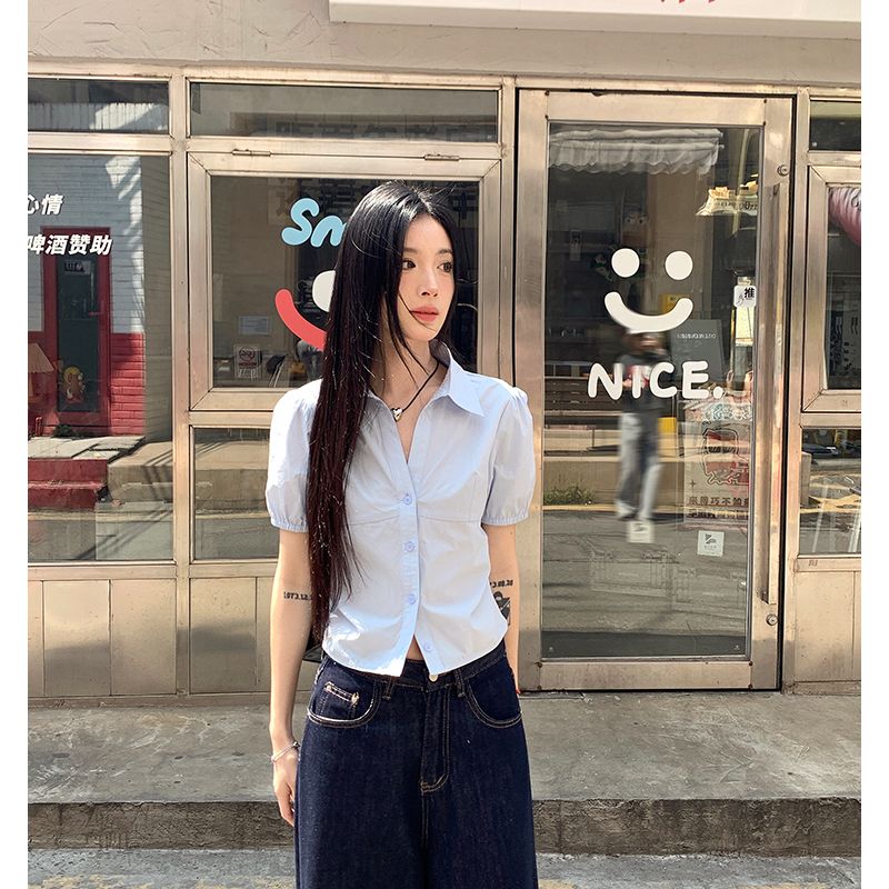 【吵吵小情绪】灯笼袖捏褶衬衣POLO领减龄上衣53102