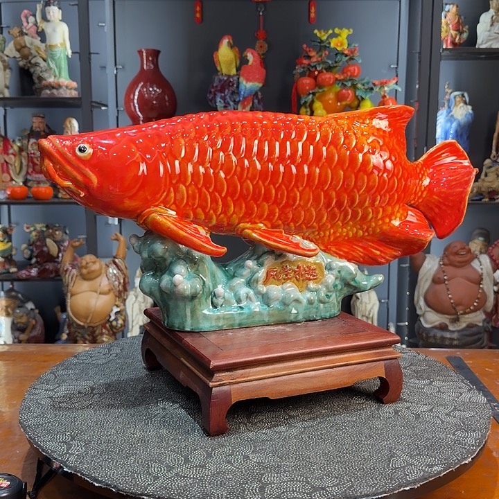 泥塑金龙鱼石湾陶艺摆件