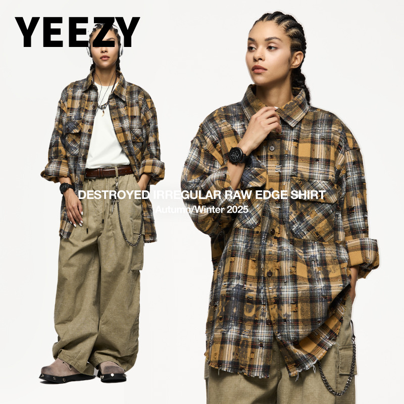 YEEZY男装破坏不规则毛边衬衫衬衣秋季新品美式街头格子男士外套