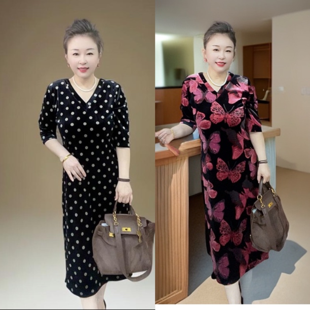 661188丝绒气质侧开衩连衣裙遮肉显瘦