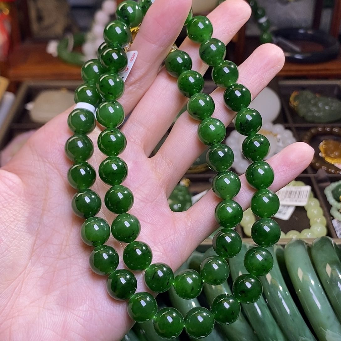 和田玉碧玉银镶妈妈链9.6MM未镶嵌