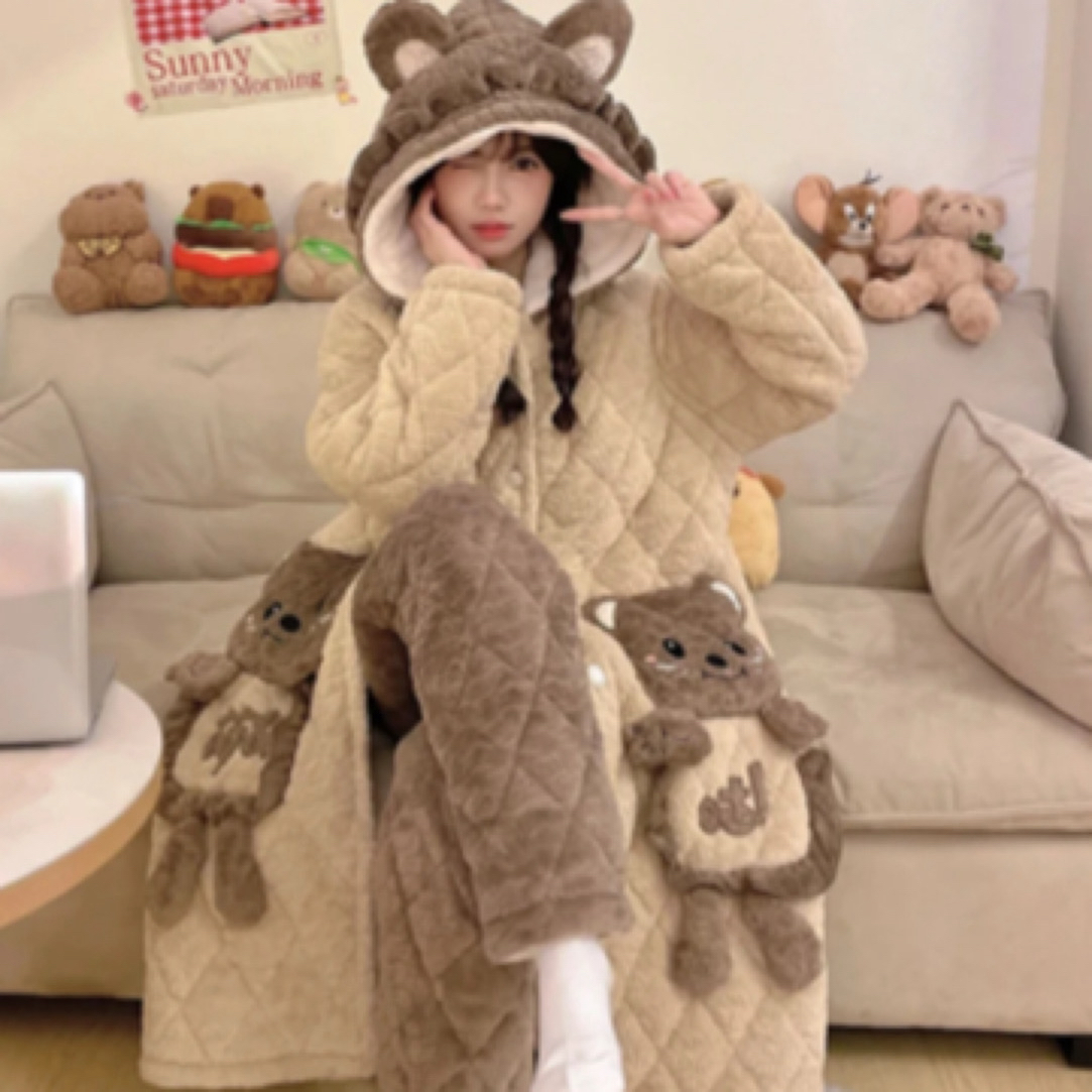 萌萌哒甜美可爱连帽款冬季加厚保暖家居服