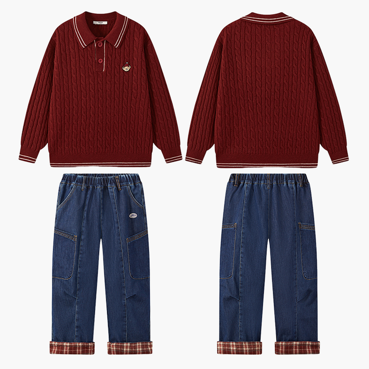 MQD男童25冬新款学院风麻花肌理感保暖翻领毛衣针织衫套装TCW07C7