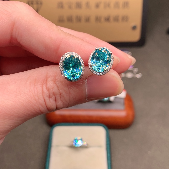 帕拉依巴碧玺耳饰银S925镶嵌蓝