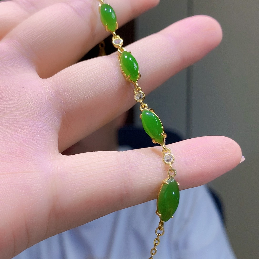 手链银S925镀金镶嵌和田玉（碧玉）