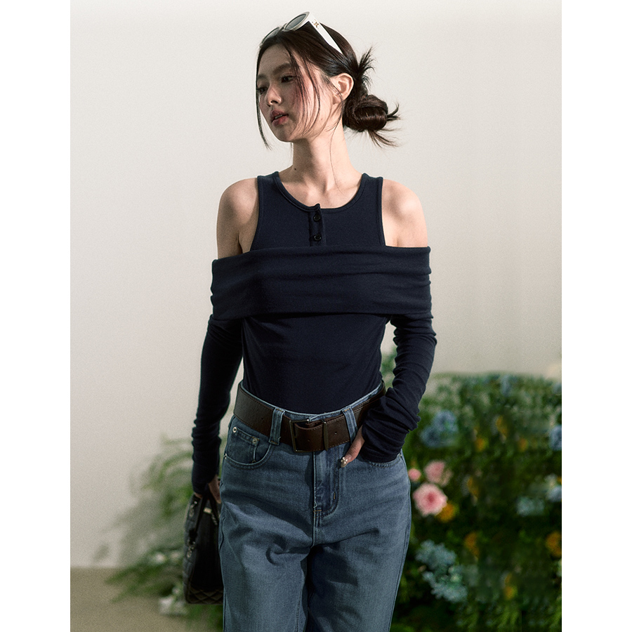 RECOIN R1C设计感假两件露肩T恤小众背心春装上衣REF49T4