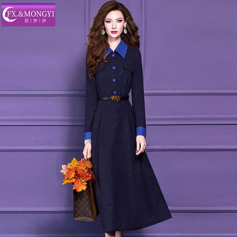 菲梦伊原创新款亮片蓝色复古典雅气质时尚连衣裙 68924