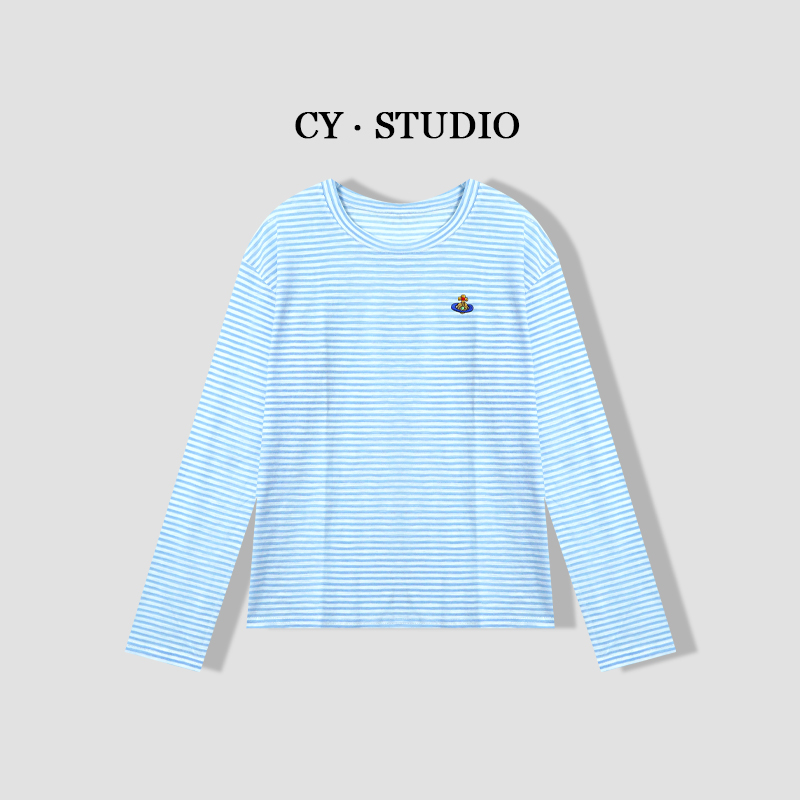 【艺涵】夏季新款休闲百搭圆领条纹刺绣长袖女34466